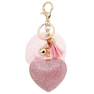 Rhinestone Heart Pom Pom Charm Keychain
